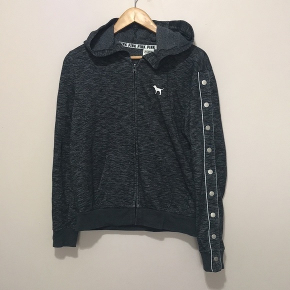 VICTORIA’S Secret Pink Snap Sleeves Full Zip Hoodie black marled size Medium - Picture 2 of 11